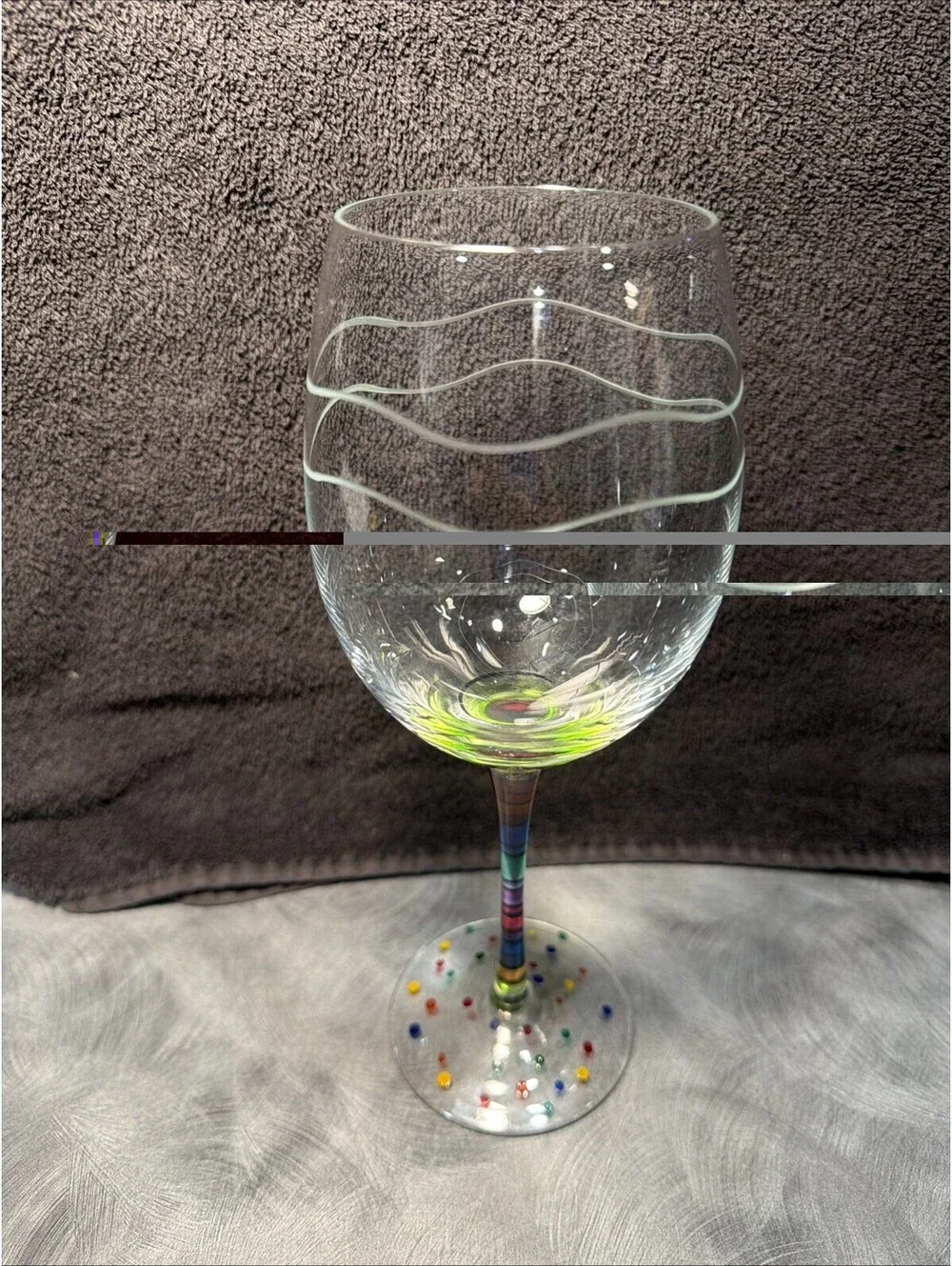 Colorful Art Glass Wine Goblet Striped Stem Confetti Foot Hand Painted 8.5”